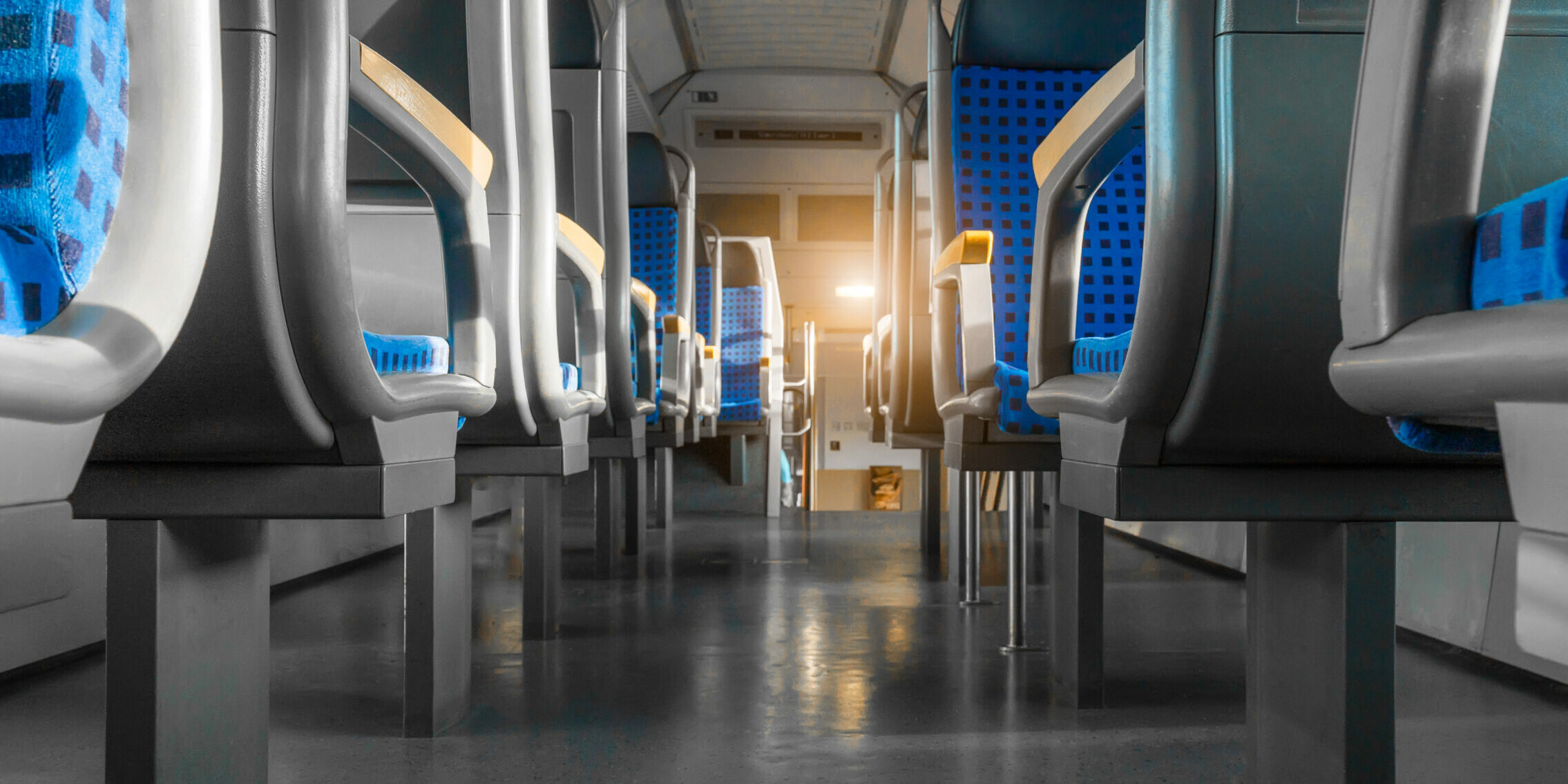 Clean hygiene empty seat on europe Germany public transportation train subway bus with sunlight for traveler to travel during vacation with nature view on window